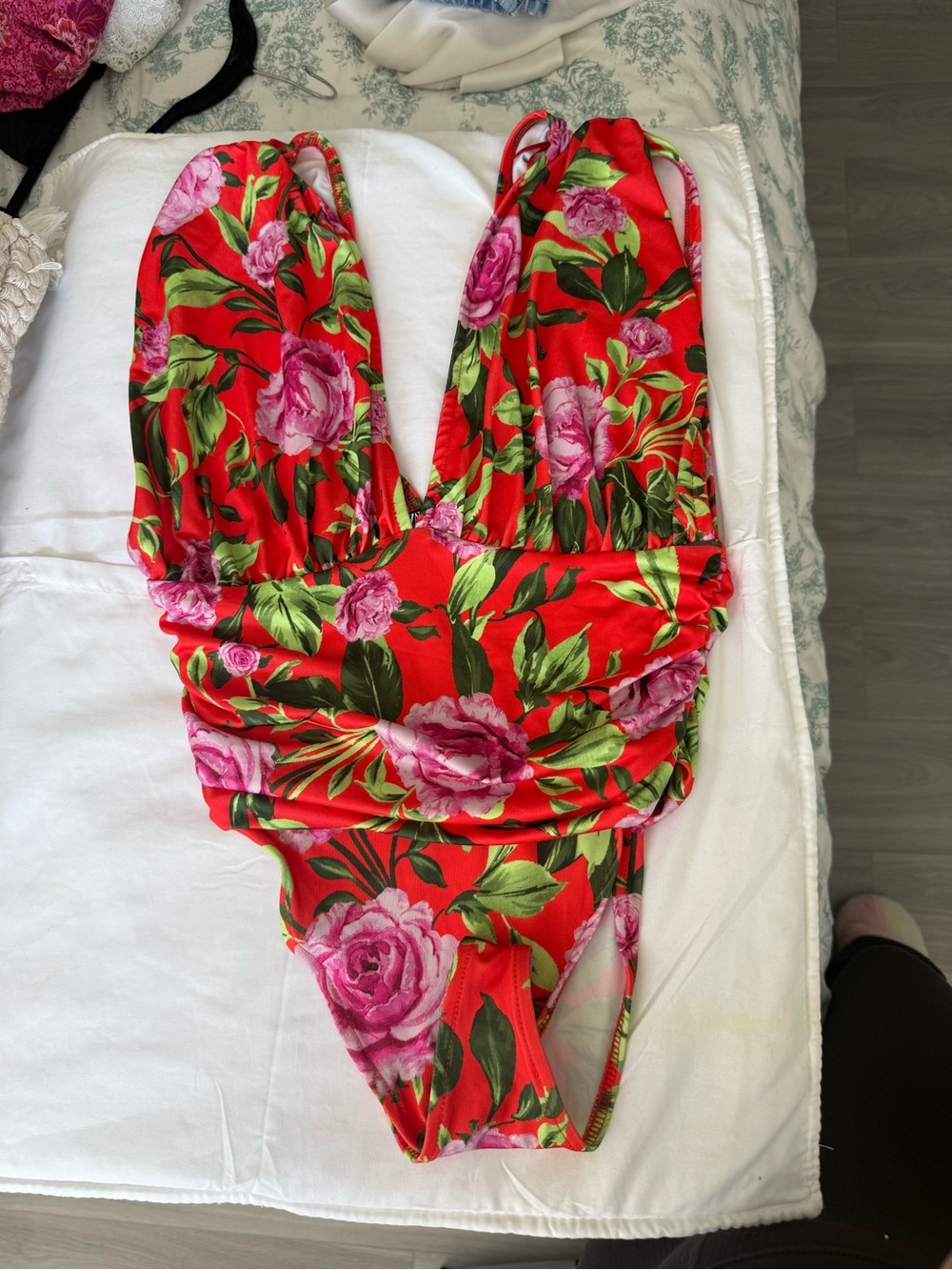 Red Floral One-Piece bodysuit with Pink Rose Print
